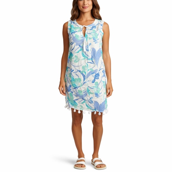 Cynthia Rowley Linen Beach Cover Up White Aqua Blue Floral Fringe Hem NWT Small